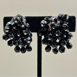 Vintage Coro Black Bead Crystal Dangle Waterfall Cascade Screw Back Earrings